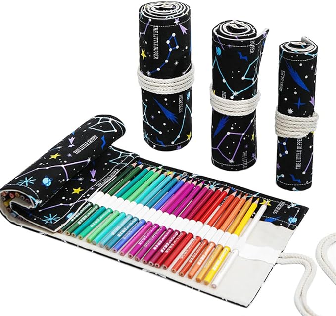 DIYOMR 24/36/72 Slots Pencil Wrap Pencil Rolls, Artist Colored Pencils Roll Up Bag Short Brushes Pouch Case Pencils Organizer for Drawing Coloring and Sketching,No Pencils (Constellation, 24slots)