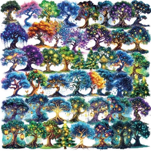 50pcs Fantasy Magic Tree Stickers Pack – Clear Waterproof Scrapbook Decals for Journaling, Diary, Collage, Laptop, Water Bottle, Planner, Aesthetic Nature Forest Tree of Life Sticker