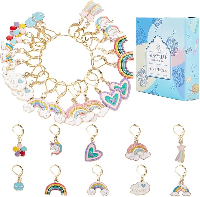 SUNNYCLUE 1 Box 20Pcs Knitting Stitch Markers Crochet Rainbow Colorful Leverback Charms Cute Crochet Markers for Knitting Weaving Sewing Needleworks Women DIY Craft