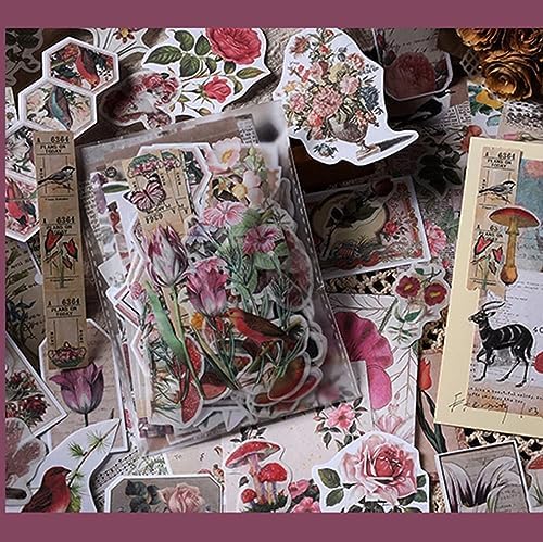 Alideco 200pcs Vintage Scrapbook Supplies Kit Kawaii Mushrooms, Flowers Scrapbooking Paper Washi Bullet Journals Planners Collage Album Aesthetic Cottagecore