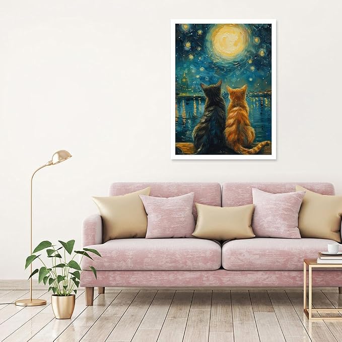 Cat Paint by Numbers for Adults with Easel, Framed Painting by Numbers kit on Canvas for Beginners, Starry Night Oil Painting Set Craft Supplies, 3 Paintbrushes and Acrylic Paint 12x16 Inch