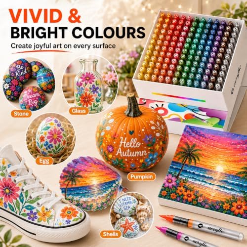 120-Color Acrylic Paint Markers - Non-Toxic, Quick-Dry Soft Acrylic Brush Markers Set for Rock Painting, Ceramic, Canvas, Wood, Glass, Fabric - Acrylic Paint Pens for Artists and Beginners