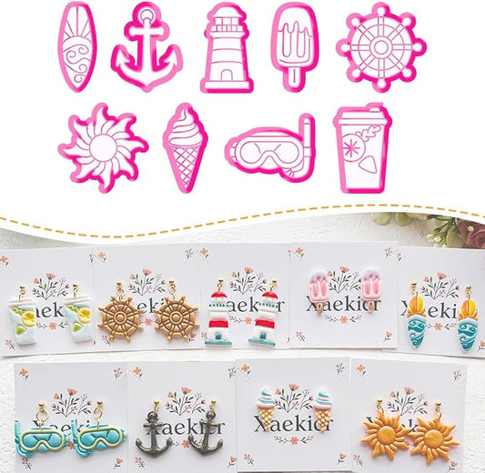 Nautical & Summer Fun Polymer Clay Cutters Set - 9pcs Coastal Shapes Including Lighthouse, Anchor, Ship Wheel, Ice Cream & Sunglasses for DIY Earring Jewelry, Soft Clay Crafts & Scrapbooking