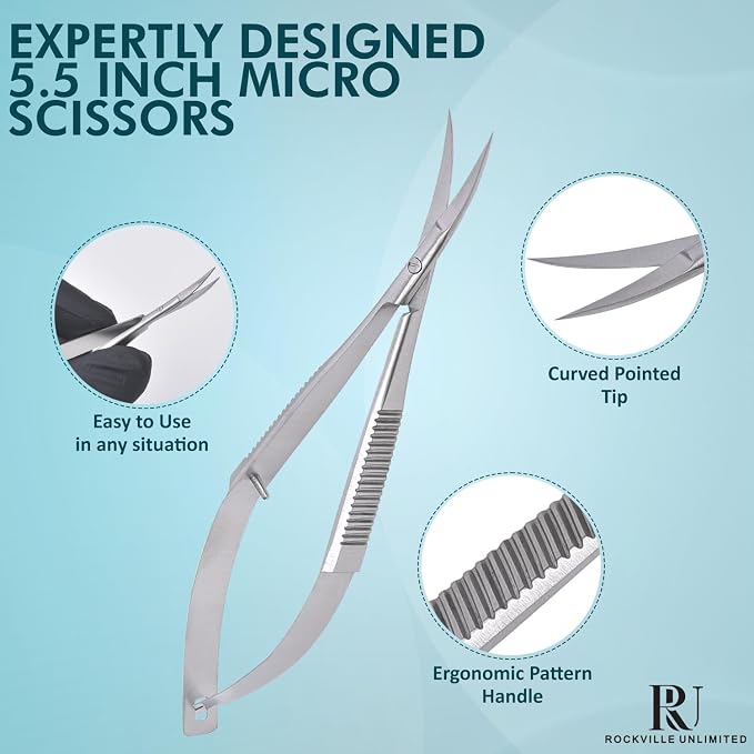 Micro Scissors 5.5" Curved Set of 3 Stainless Steel Embroidery Scissor Extra Sharp Sewing Arts & Craft Applique Stitch Cutting for Grooming Eyebrow Eyelash and Spring Action Squeeze Scissors.