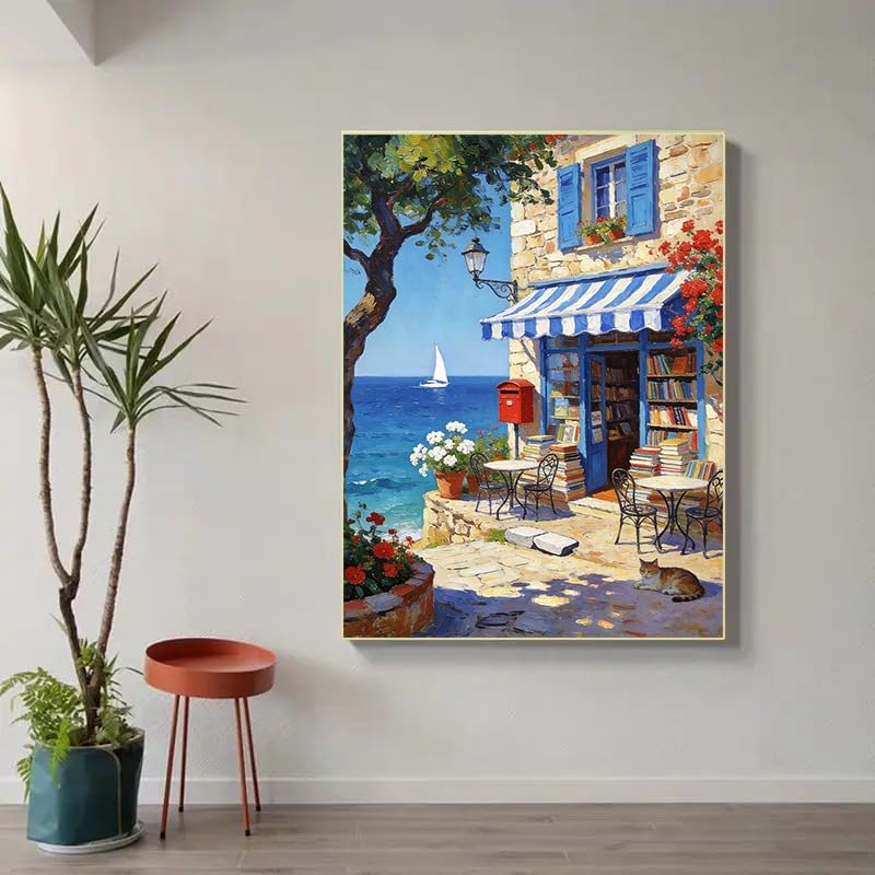 Bookstore by the Sea Diamond Art Kits for Adults, Diamond Painting Kit Adults for Beginners, Round 5D DIY Dimond art,Full Drill Painting Kit Art and Crafts for Adults Home Wall Decor【11.8x15.7inch】