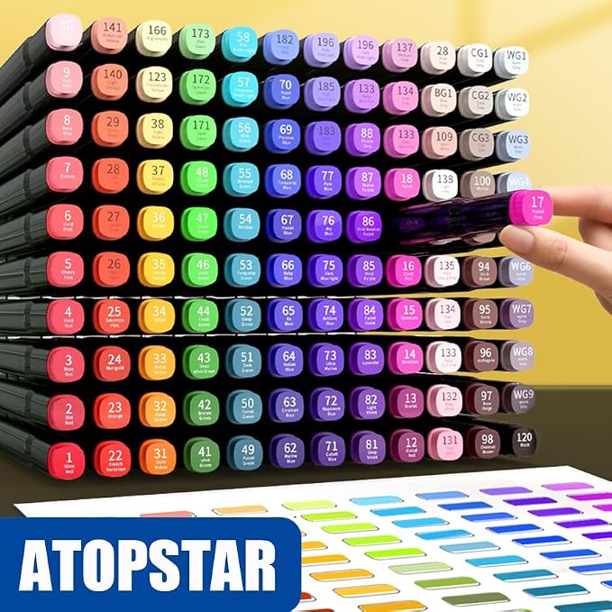 ATOPSTAR 120 Colors Alcohol Markers Artist Drawing Art Markers for Kids Dual Tip Markers for Adult Coloring Painting Supplies Perfect for Gift(120 Black Shell)