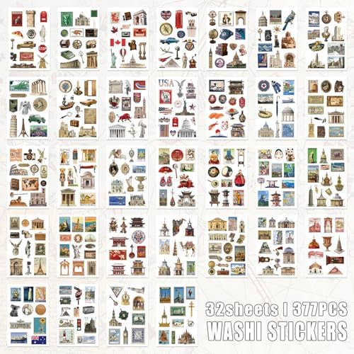 Bomichi Travel Sticker Book, 32 Sheets 377 Pcs Vintage Aesthetics Stickers & 20 Sheets Washi Paper for Journaling Scrapbooking Bullet Journals Planners Letter Card Making