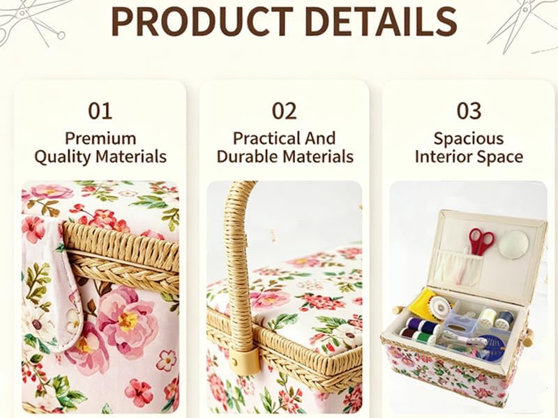 NROZIET Sewing Basket for Sewing Supplies, Wooden Sewing Kit Storage Box with Accessories, Vintage Sewing Kits Carrying Organizer with Handle for Embroidery, DIY Supplies, Beginner, Professional