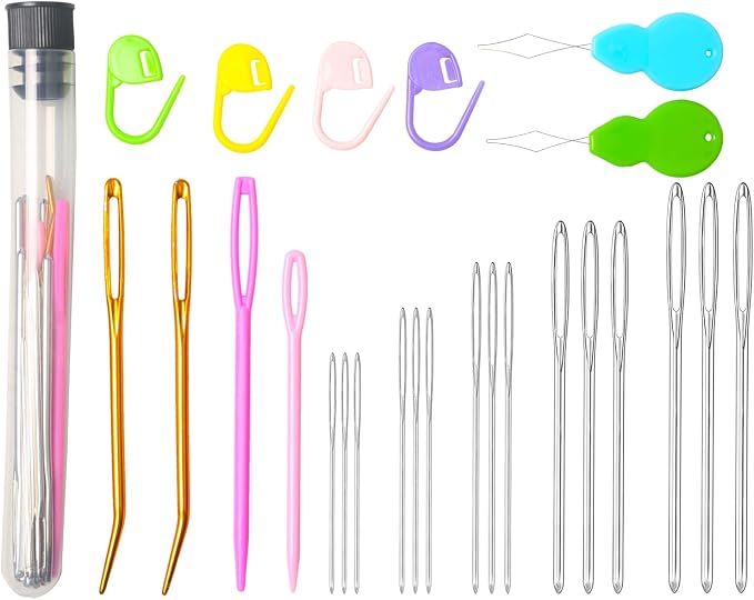 Hekisn 25Pcs Large Eye Blunt Yarn Needles kit, Assorted Sizes Bent Tapestry Darning Needle, Sewing Needles with Needle Threaders & Stitch Markers for Knitting Crochet (Black)