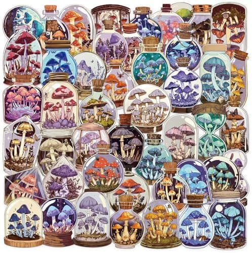 50pcs PET Vinyl Stickers Scrapbook, Self-Adhesive Waterproof Vinyl Sticker for Laptops, Aesthetic Decor Journal Stickers Planner Accessories for Luggage, Water Bottles.Mushroom Bottle