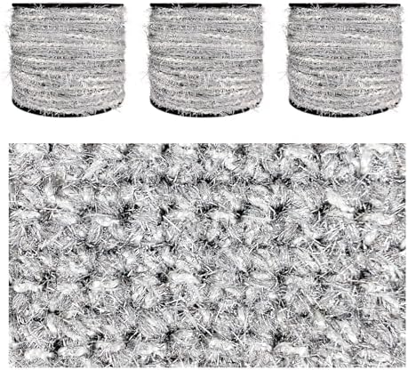Artisanal Yarn Collection Multifiber Fancy Yarn with Laser Silver Sheen for Knitting Crocheting Crafts DIY, Set of 3 Rolls (Ice Silver)