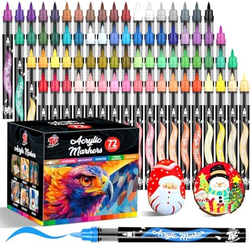 72 Colors Acrylic Paint Markers Brush Tip，Automatic Ink Control，No-Bleed