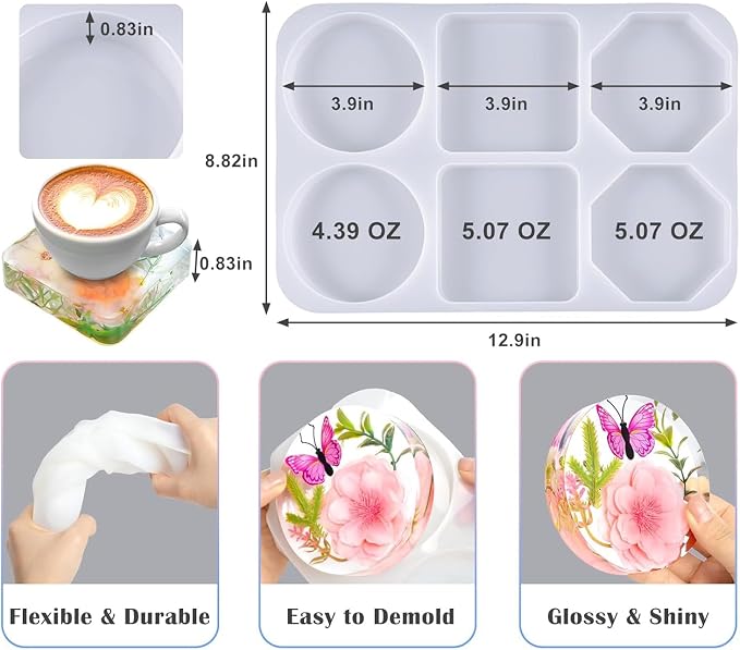 2pc Deep Coaster Resin Molds Silicone Octagon Round Square Silicone Molds for Resin Epoxy Resin Casting Craft Mold for Flower Preservation DIY Art (Mixed)