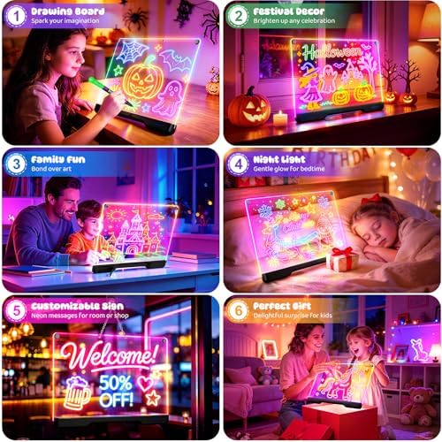 LED Drawing Board with 9 Light Effects, Rechargeable 16" Glow Doodle Note Message Board with Colors, Neon Light Up Drawing Pad Gift Ideas for Kids, Birthday, Christmas with Markers & Tracing Book