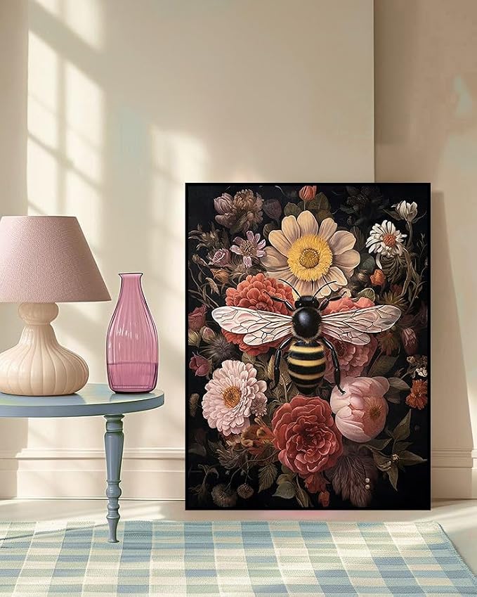 mrpwnle Diamond Art Kits for Adults Bee Diamond Painting Kit for Beginners | Bee Flowers Diamond Art Kits for Adults Beginner DIY Round Full Drill Gem Art Crafts Kit for Home Wall Decor Gifts 12x16inch