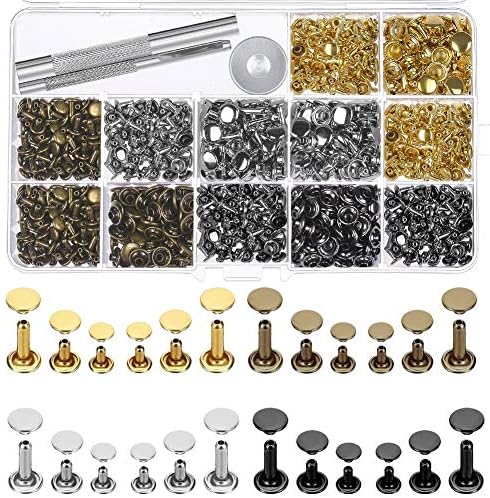 Selizo 480 Sets Small Double Cap Leather Rivets 4 Colors 3 Sizes (Cap Diameter: 6mm/8mm/8mm) Tubular Metal Studs with 3 Pieces Setting Tool Kit for Leather Craft Repairs Decoration