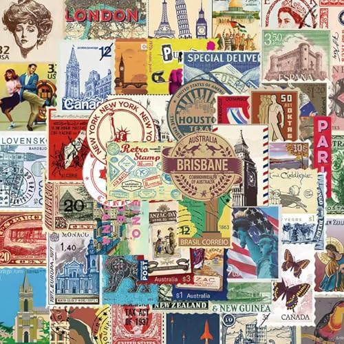Vintage Travel Postage Stamp Stickers - World Landmarks USA Australia Brazil Waterproof Vinyl Stickers for Journal Planner Laptop Scrapbooking
