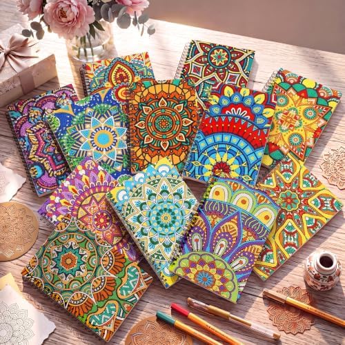 Fullhawl 12 Pack 5D DIY Diamond Art Crafts Kit for Adults Office Supplies Beginner A5 Leather Diamond Painting Gift for Women Art Cover Craft Accessories with Tool (Mandala)