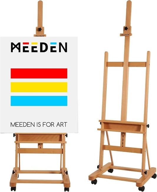 MEEDEN Studio Wood H-Frame Easel: Art Easel with Storage for Artist | Wooden Artist Painting Easel on Wheel - Floor Easel with Movable Tilting for Adults Artist Art Students Beginners Natural
