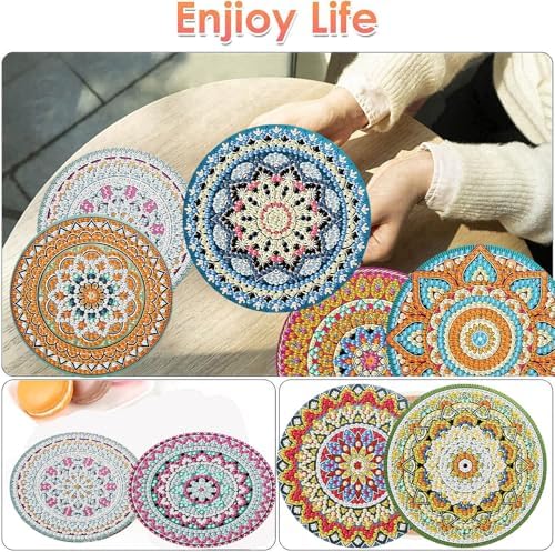 ijbnhd 8 Pack Mandala Diamond Art Coasters Kits 4x4 inch (Cork Wooden Pad)