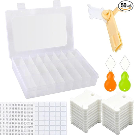 Embroidery Floss Organizer, Cross Stitch Thread Storage Box Tools - Bobbin Winder, 1 Removable 24 Compartments with 50 Hard Plastic Floss Bobbins and Stickers for Craft DIY Embroidery Sewing Storage