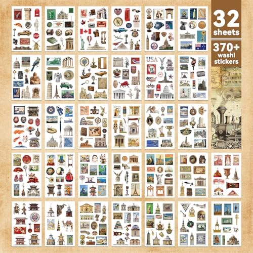 52 Sheets World Travel Stickers & Scrapbook Paper Set - Vintage Travel Themed for Scrapbooking Journaling Junk Journal Planner - Retro Adventure Stickers for DIY Crafts