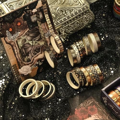 36 Rolls Skinny Washi Tape Set Gold Foil Detailing Arts Adhesive Tapes Basic Patterns Decorative Masking Tape Sets for Craft, Kids, Scrapbook, DIY, Gift Wrapping (Black & Gold)