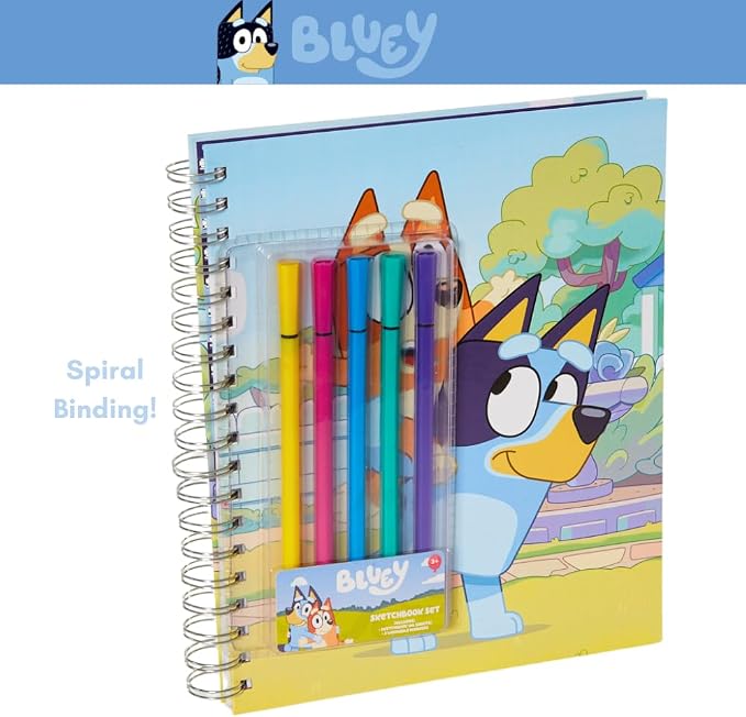 Innovative Designs Bluey Sketchbook for Kids with Washable Markers, 86 Blank Pages Spiral Bound, Blue