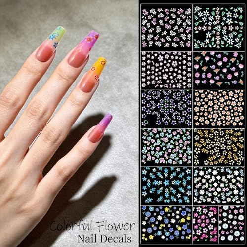 Teenitor 50 Sheets Nail Stickers for Nail Art, Colorful Flower Nail Art Stickers for Kids, 3D Self Adhesive Black & White Flower Fingernail Stickers for Women Girl, Daisy Nail Decals for Spring Summer