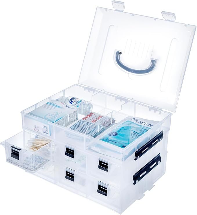 MyGift 11 Inch Clear Plastic Storage Box Container, Arts and Crafts Sewing Supplies Organizer Case with Black Accents, 24 Customizable Compartments, and 6 Drawers with Removable Dividers