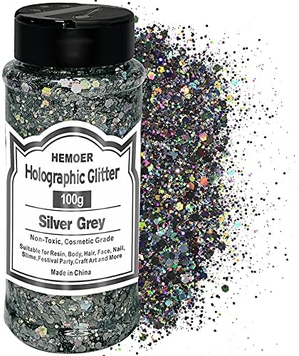 HEMOER Silver Grey Glitter, 100g/3.5oz Holographic Chunky Glitter Mixed Hexagon Chunky & Fine Flakes Iridescent Sequins for Epoxy Crafts, Resin, Nail Body, Tumblers, Festival Party