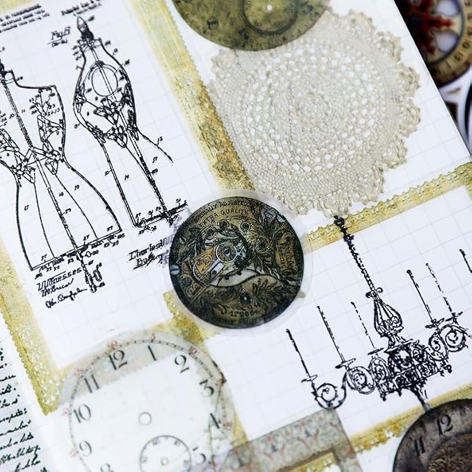CATaireen Vintage Junk Journal Ephemera Scrapbooking Supplies Translucent Vellum Paper Stickers Card Making Decal Art Aesthetic for Adults (Ephemera Round Machinery)