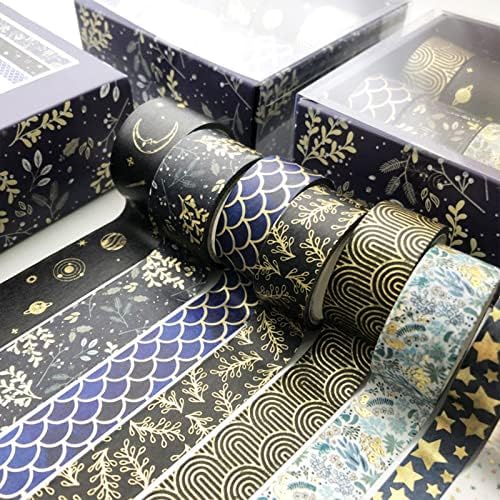 Creative Washi Tape Set 10 Rolls Gold Foil Print Decorative Masking Tapes for Arts, DIY Crafts, Journals, Planners, Scrapbook, Wrapping (Black Mashup)
