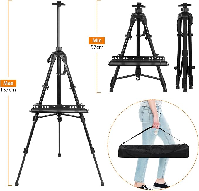 Art Easel Aluminum Alloy Portable Extendable Easel with Hand Crank Adjustable to 61.8 '' Drawing Board Holder, Compass, Level and Storage Bag -for Artists, Painters, Sketching, Outdoor Painting