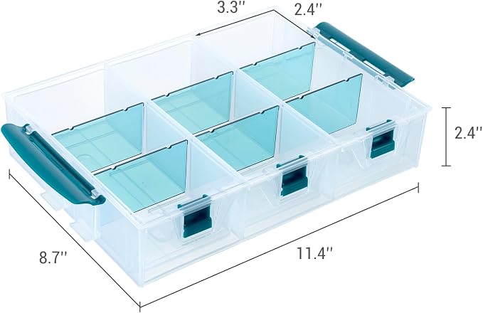 MyGift Single Stackable Tray, Add-on for 11 Inch Clear Arts & Crafts Storage Box with Blue Accents, 9 Compartment Sewing Supplies Organizer 3 Drawers and Removable Dividers