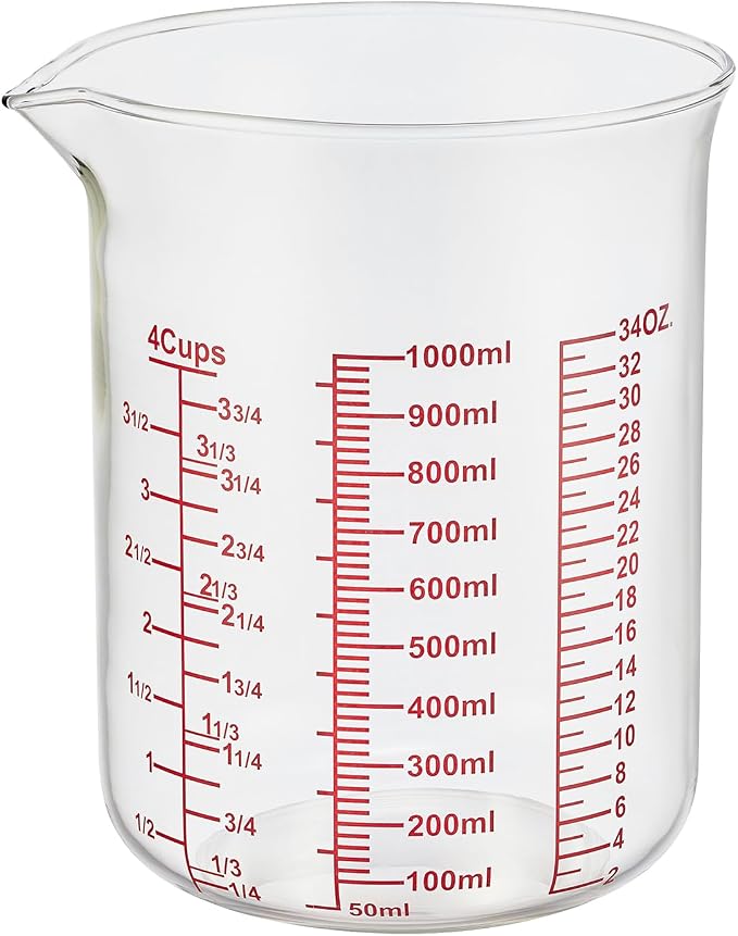 Ackers BORO3.3 Borosilicate Glass Measuring Cup with V-Spout, 1000 ml
