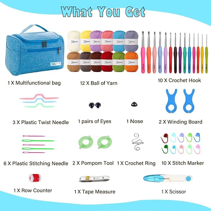 Yarniss Crochet Kits for Beginners,Learn to Crochet Set with Bag,Turquosie | 840 Yards Yarn for Crocheting with 14 Size Hooks 2.0-10.0mm,Learn to Crochet with Step by Step Video Tutorial
