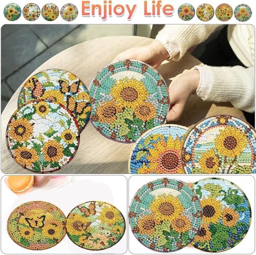 ijbnhd 8 Pcs Sunflower Diamond Art Coasters Kit Diamond Painting Coasters