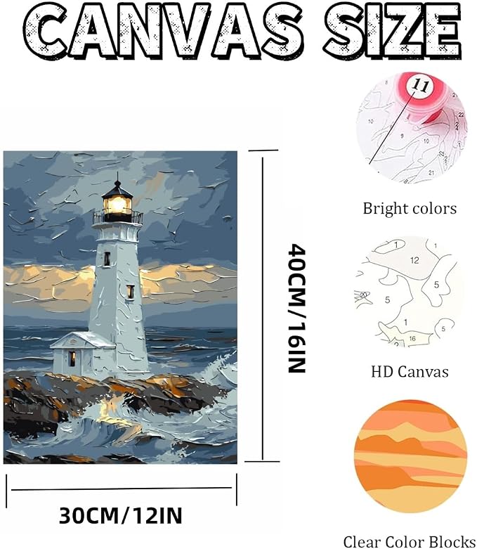 Mosaflare Lighthouse Paint by Numbers for Adults Beginner 12X16 inch | Landscape Adult Paint by Number Kits on Canvas, DIY Acrylic Oil Easy Painting by Numbers for Home Wall Decor (Without Frame)