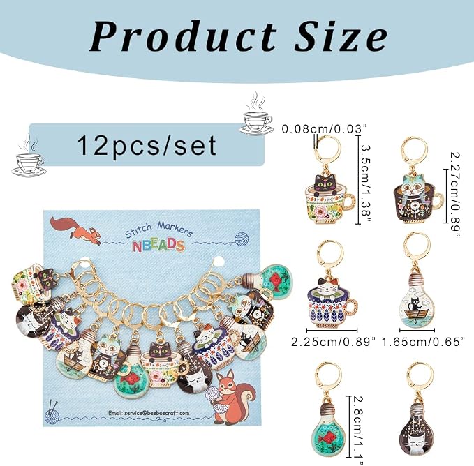 NBEADS 12 Pcs Cup Cat Stitch Markers, 6 Colors Alloy Enamel Cat Crochet Stitch Marker Charms Removable Locking Stitch Marker for Knitting Weaving Sewing Accessories Quilting Handmade Jewelry