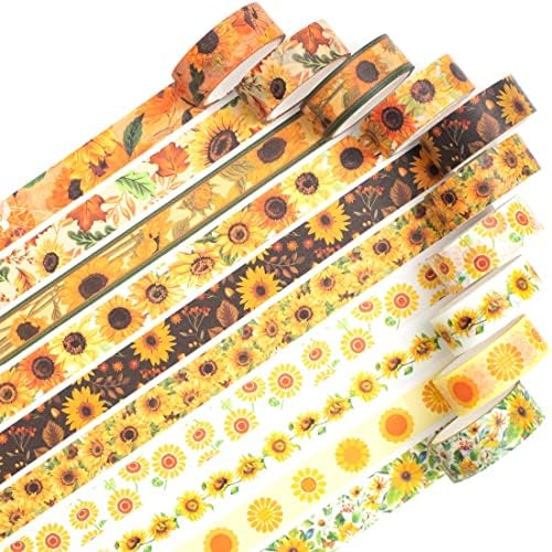 Sunflower Washi Tape Set 10 Rolls Floral Print Decorative Sun Flowers Masking Tapes for Arts, DIY Crafts, Journals, Planners, Scrapbook, Wrapping