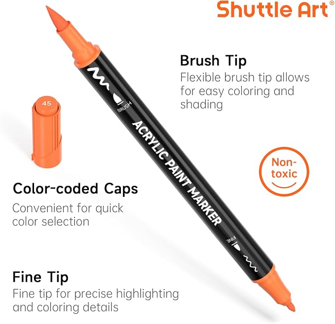 Shuttle Art 25 Colors Dual Tip Acrylic Paint Markers, Brush Tip and Fine Tip Acrylic Paint Pens for Rock, Ceramic, Wood, Canvas, Plastic, Glass, Stone, Calligraphy, Card Making, DIY Football Crafts