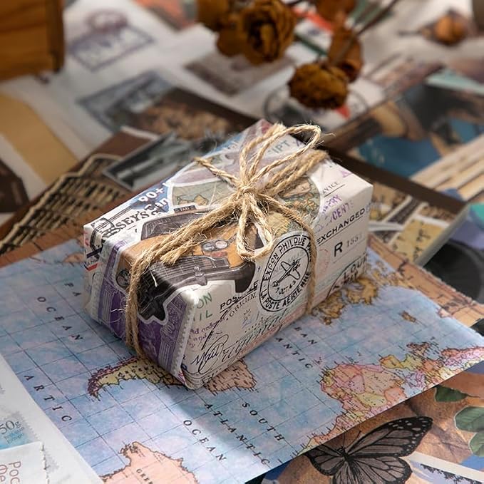 Prstincol Vintage Aesthetic Washi Stickers and Papers for Scrapbooking, 50 Sheets Ephemera Book for Art Journaling with Retro Global Travel Theme Stickers and Decoupage Papers for Junk Journal