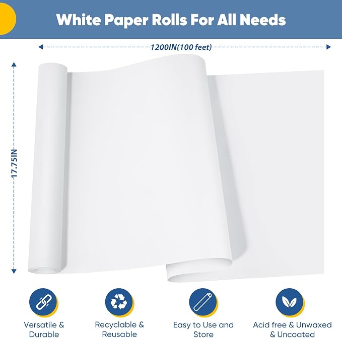 Art Paper Roll for Crafts, 17.75"x1200" (100') White Gift Wrapping Paper | Drawing & Painting, Kraft Bulletin Board Poster Banner Coloring Paper, Kids Art Supplies, Wedding Floral Supplies 80GSM 55LB