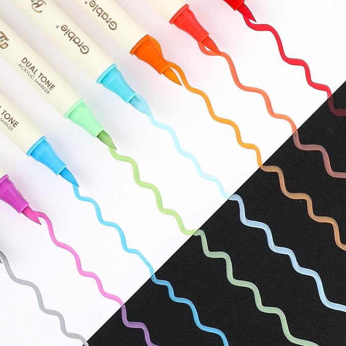 Grabie 24 Color Acrylic Paint Markers, Pack of 12 Dual Tip Brush Pens | 24 Colors in 12 Markers,Dual Tip Soft Brush Design,Water-Based Acrylic Ink For Paper, Rock, Wood, Canvas, Glass & Fabric