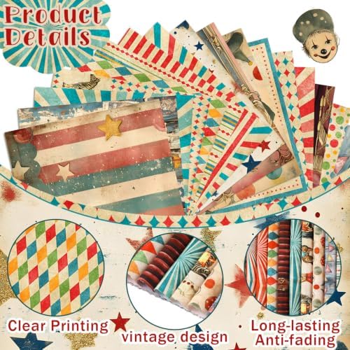 HunnmingRe 20 Pcs 10''x10'' Vintage Carnival Quilting Fabric Square Precuts Quilted Fabric Bundle Circus Clowns Printed Sewing Material for Halloween Xmas Patchwork Scrapbook Junk Journal DIY Craft