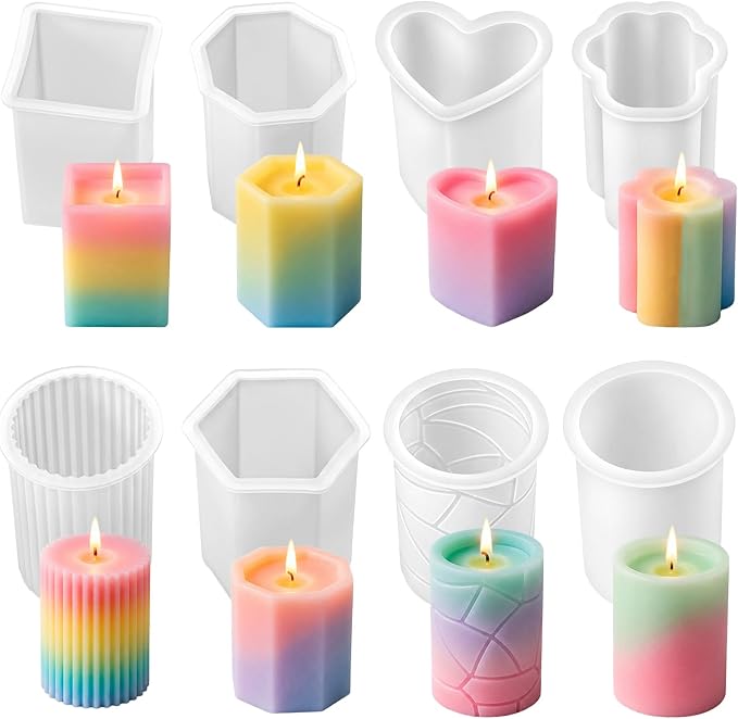 8 Pcs Candle Making Molds, Silicone Candle Molds for Making | Candle Molds Set, Cylinder Hexagon Octagonal Heart Flower Square Shapes for DIY Candle Making, Release Candle Making Kit