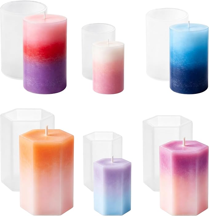 6PCS Reusable Silicone Candle Molds Set - Cylinder & Hexagon Resin Mold for DIY Candle Making, Soap, Resin Crafts, Easy Release Candle Making Kit
