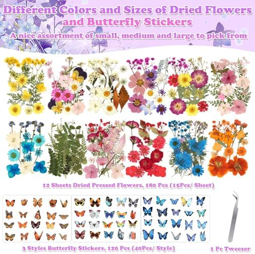 300 Pcs Real Dried Pressed Flowers & Butterfly Stickers for Resin Crafts