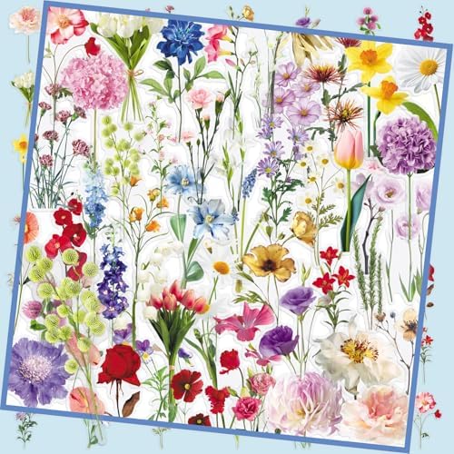 50PCS PET Transparent Floral Stickers, Waterproof Vinyl Fresh Flower Decals for Laptop, Luggage, Skateboard, Phone, Fridge, Trendy Stickers for Teens, Adults, Boys and Girls（Floral）